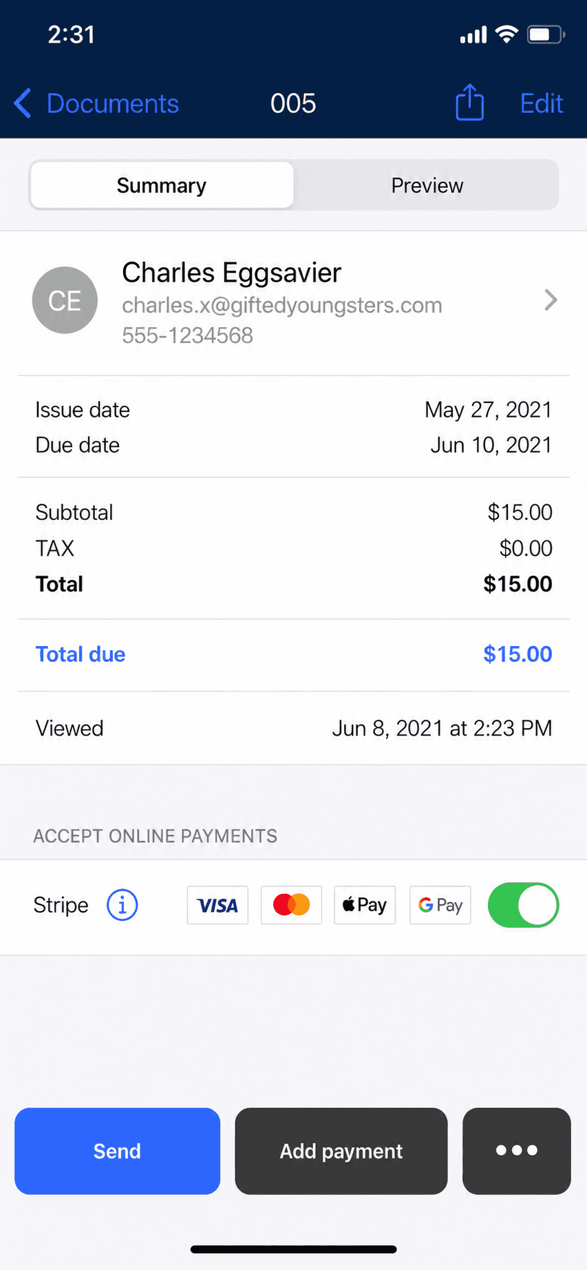 A finished invoice in Billdu on iPhone, the app this guide helps you evaluate