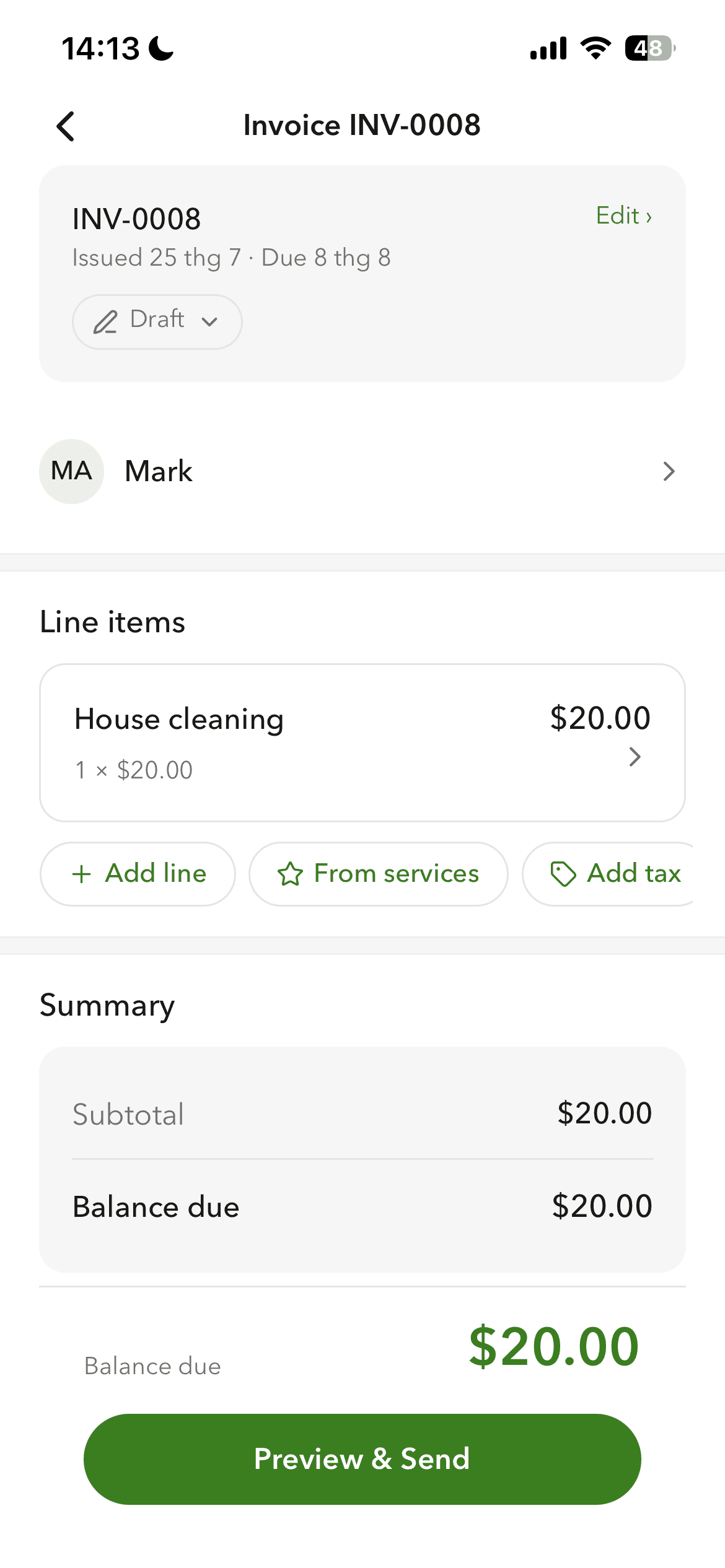Billgami invoice creation screen on iPhone