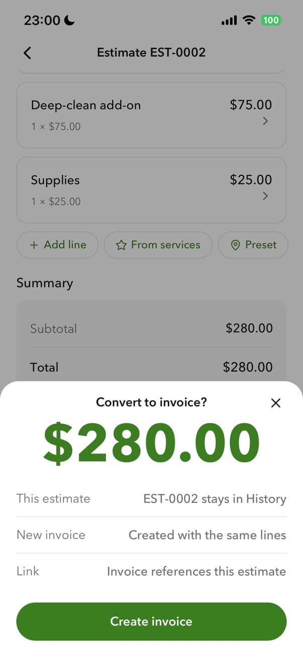 Billgami converting an estimate to an invoice