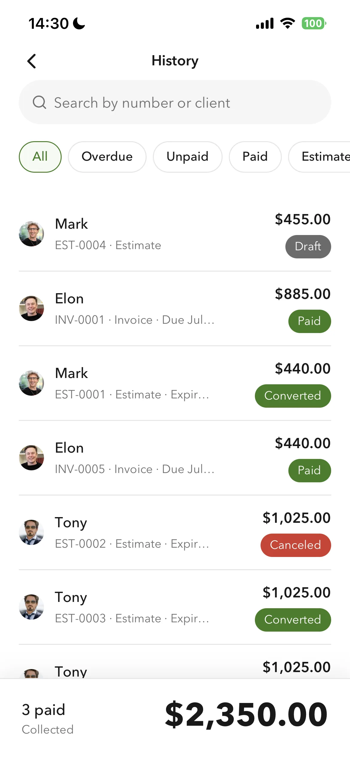 Billgami invoice history and payment tracking