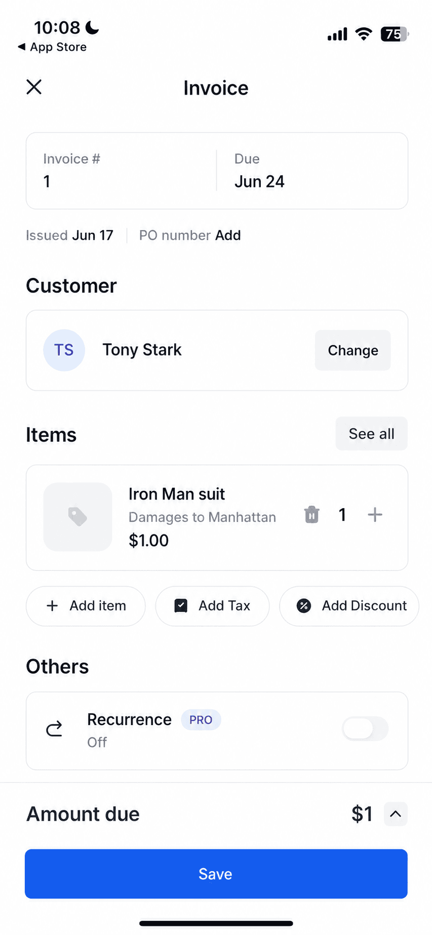 Bookipi invoice creation screen