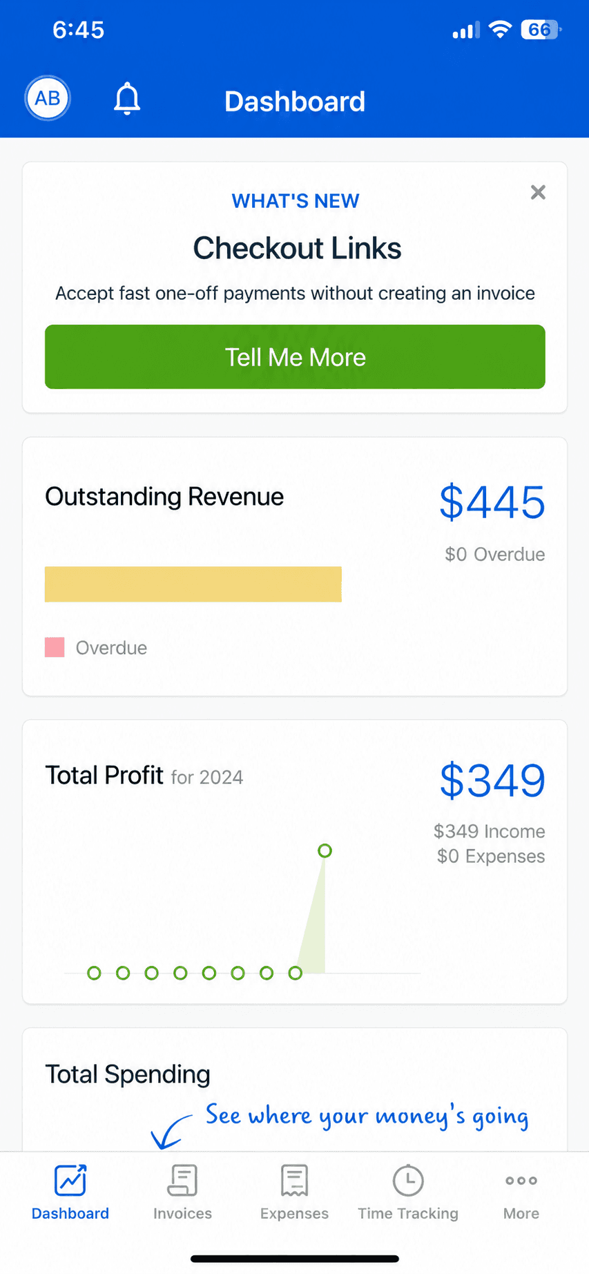 FreshBooks mobile app dashboard
