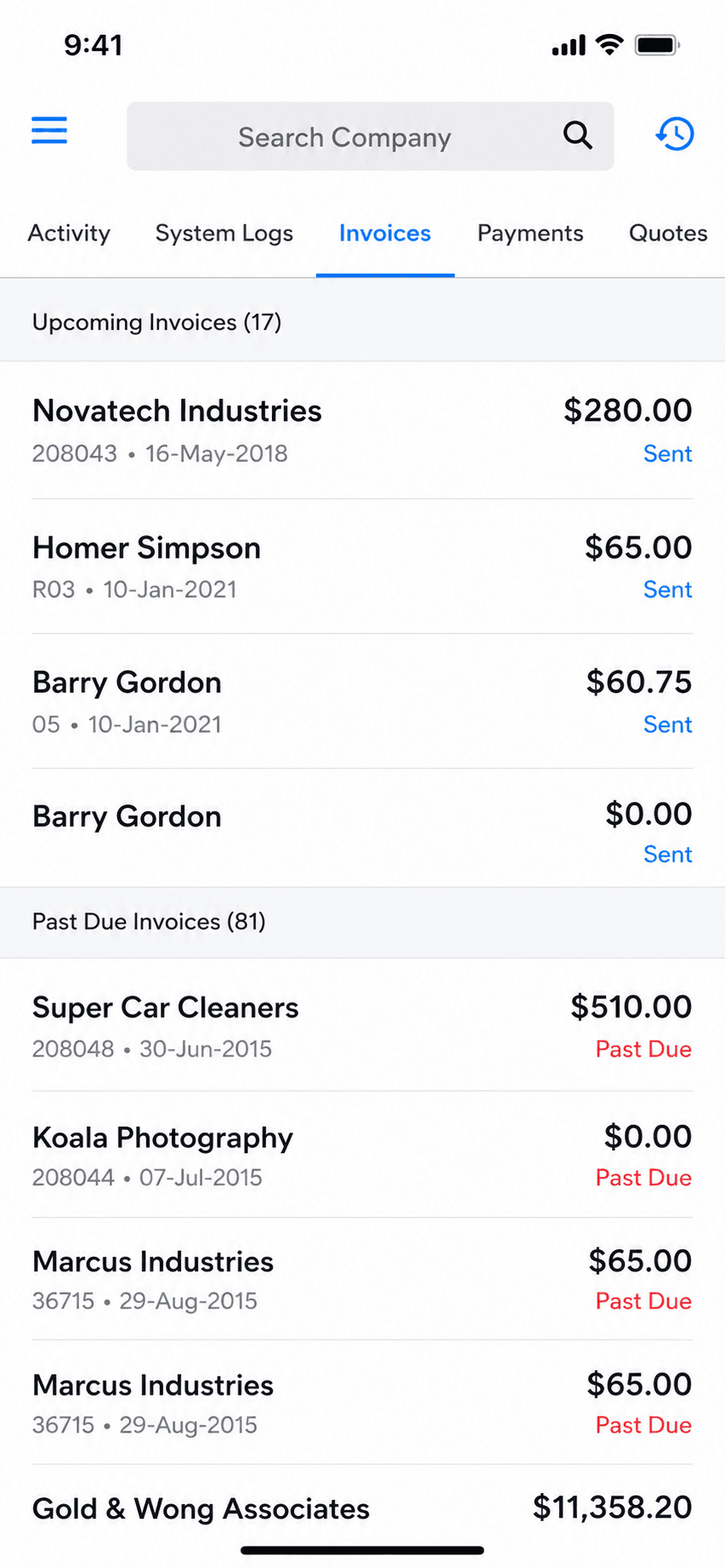 Invoice Ninja invoice list and history