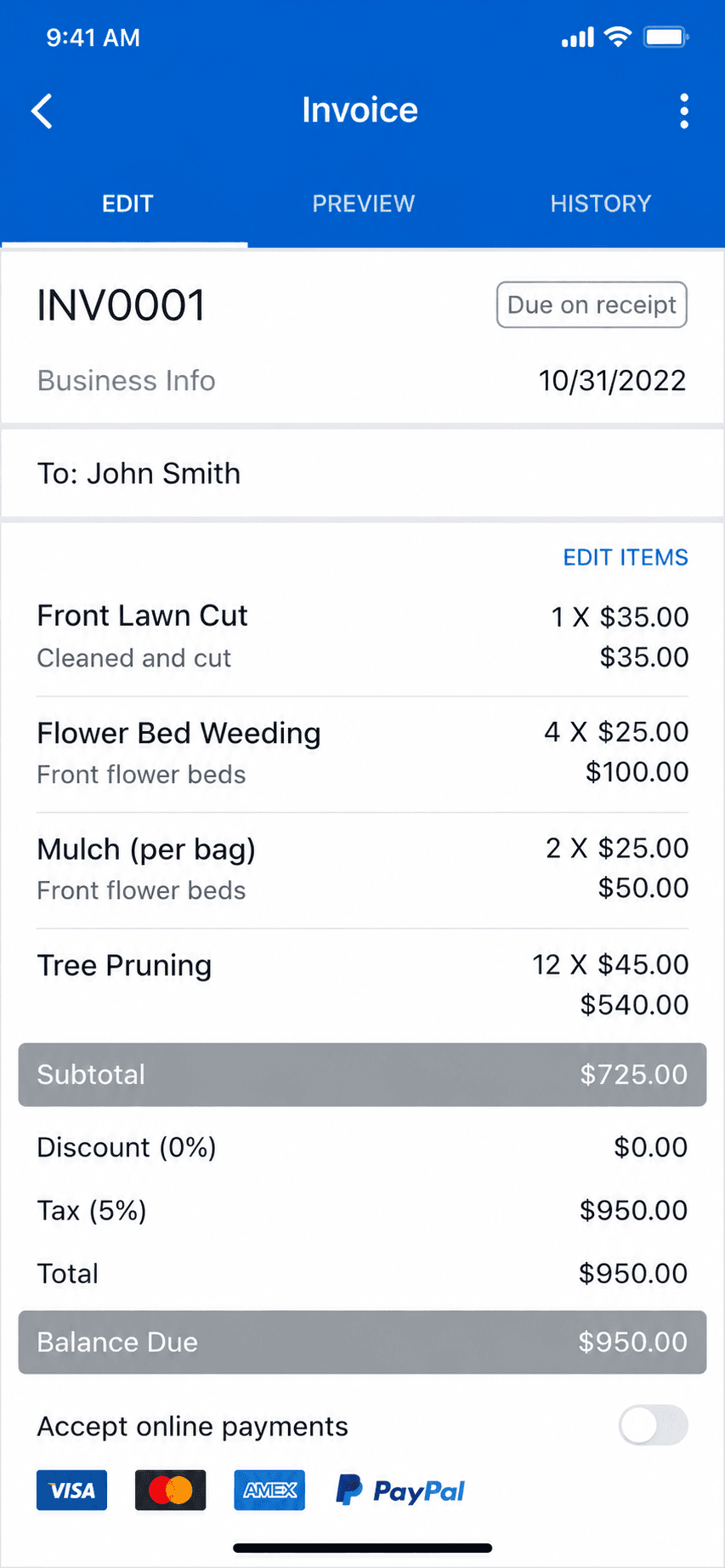 Invoice Simple invoice creation and editing screen