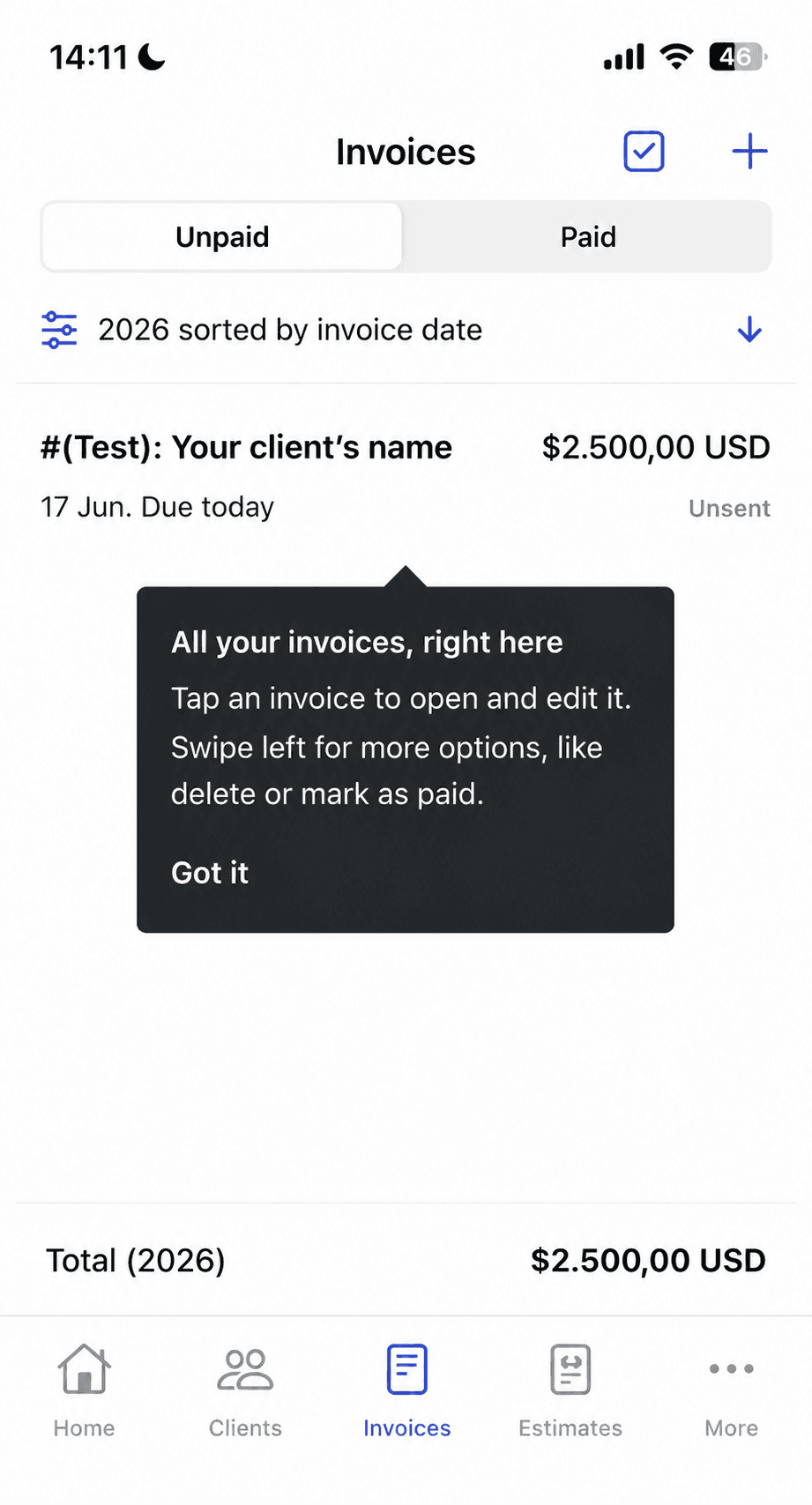 Invoice2go invoice management list