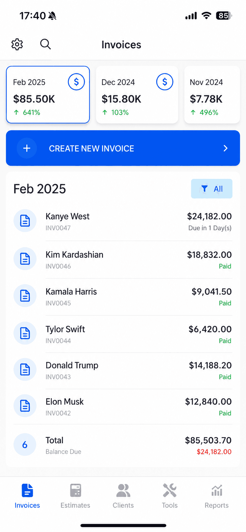 InvoiceFly invoice management list