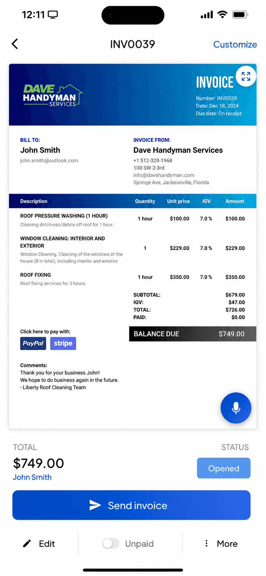 InvoiceFly finished invoice preview