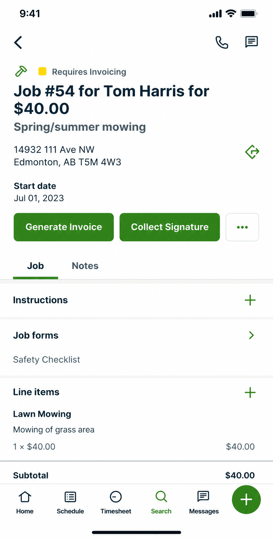 Jobber invoice screen