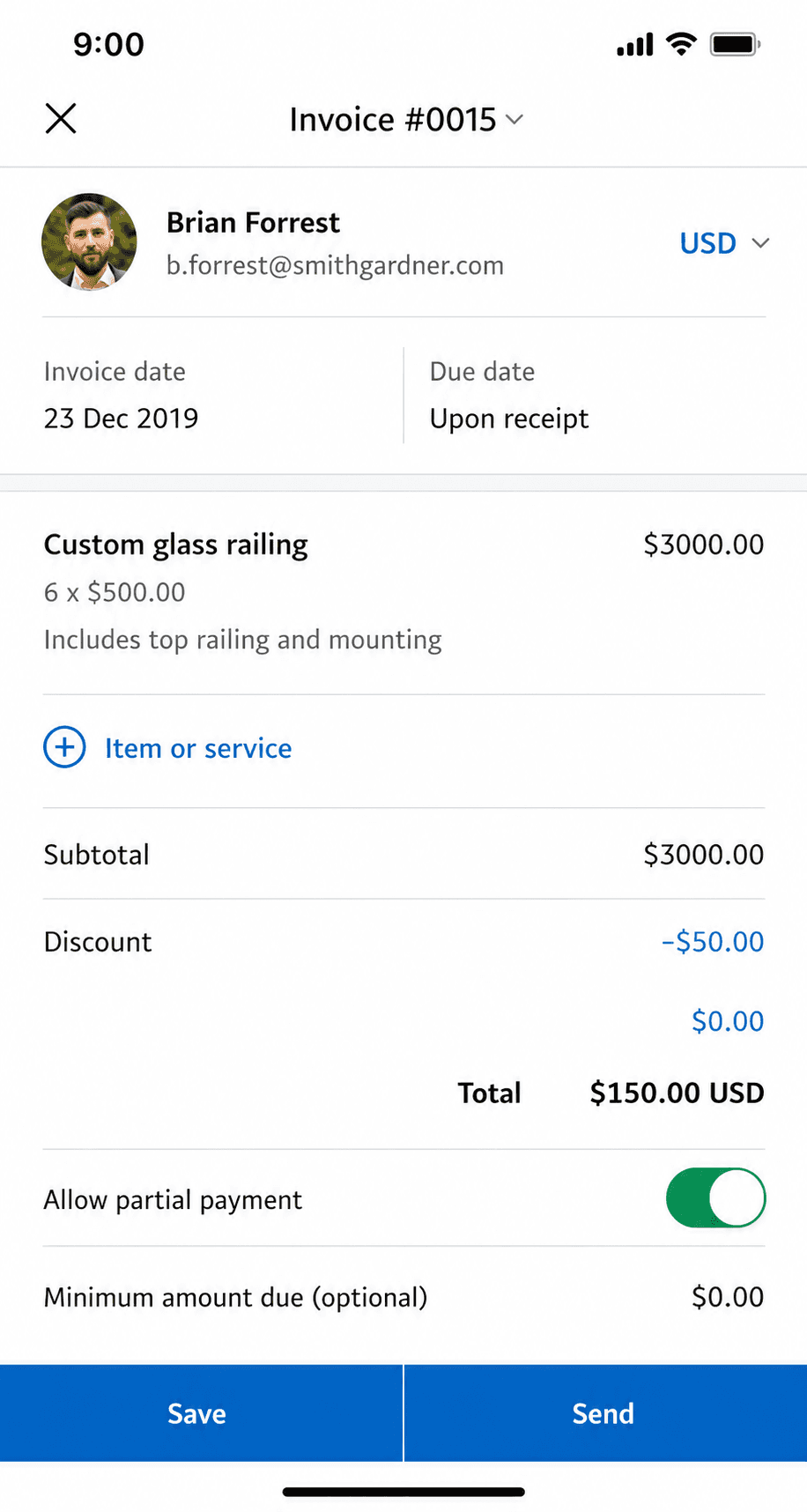 PayPal Business app invoice creation screen