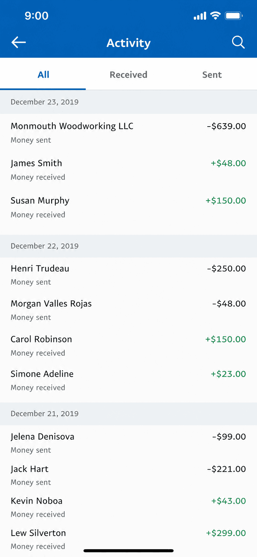 PayPal Business app invoice history