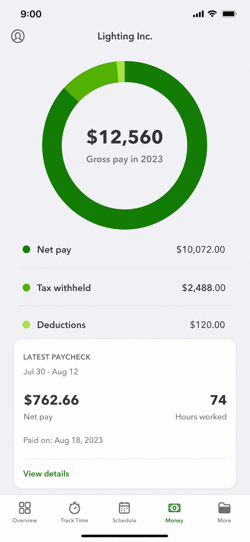 QuickBooks mobile app payroll overview with gross pay breakdown