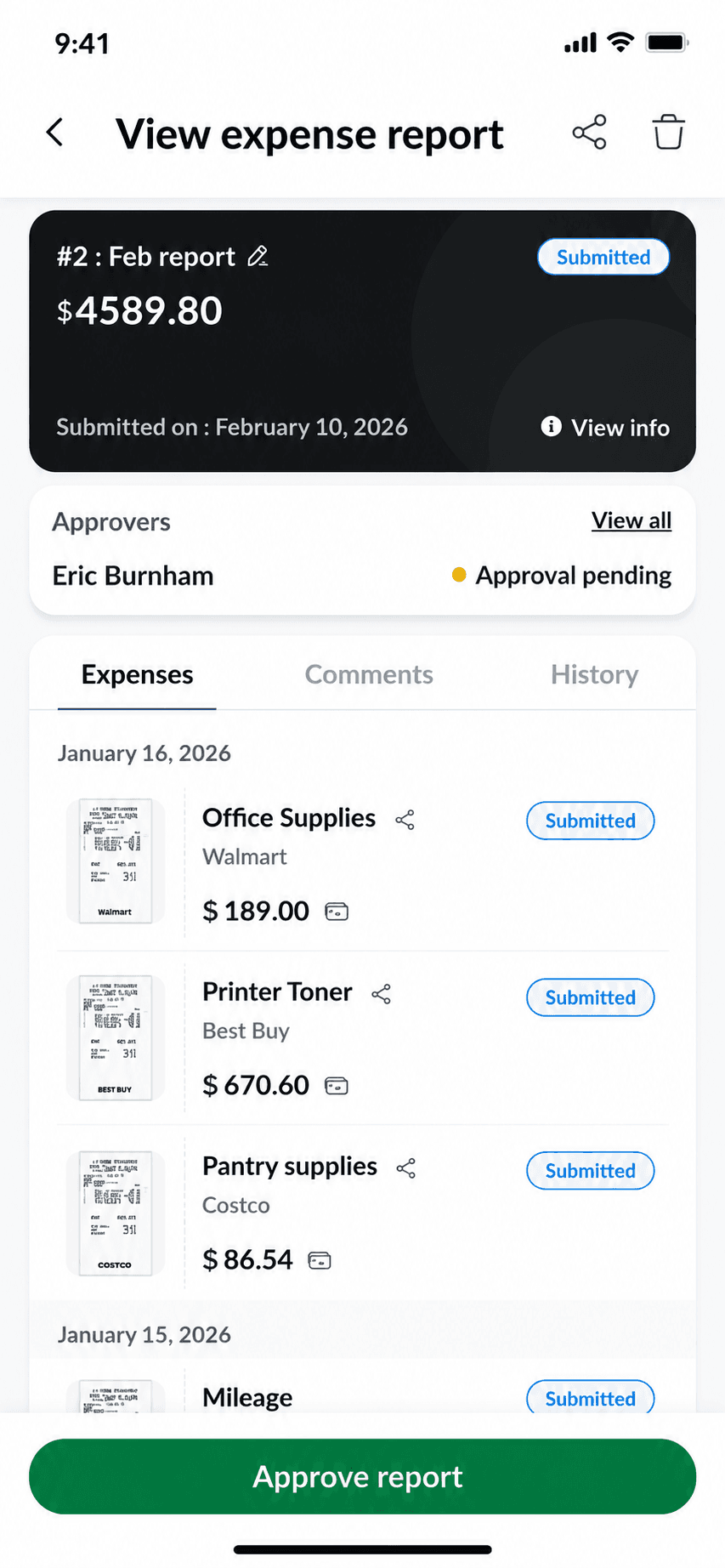 Sage mobile app expense report