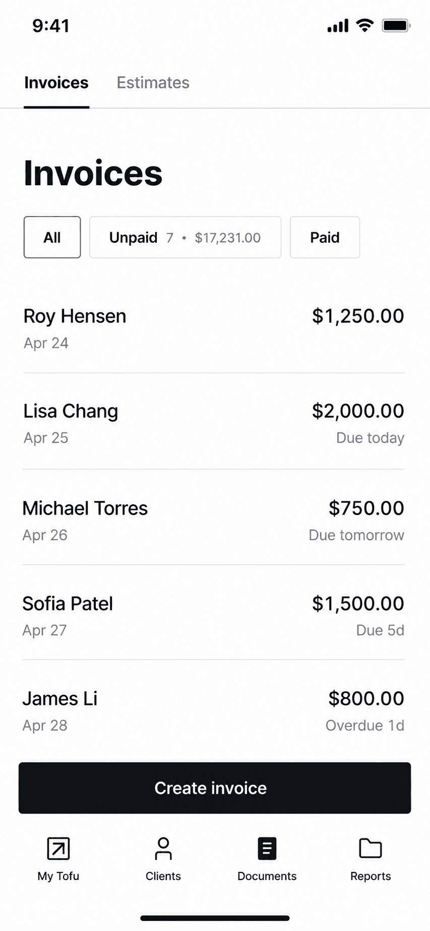 Tofu invoice management list