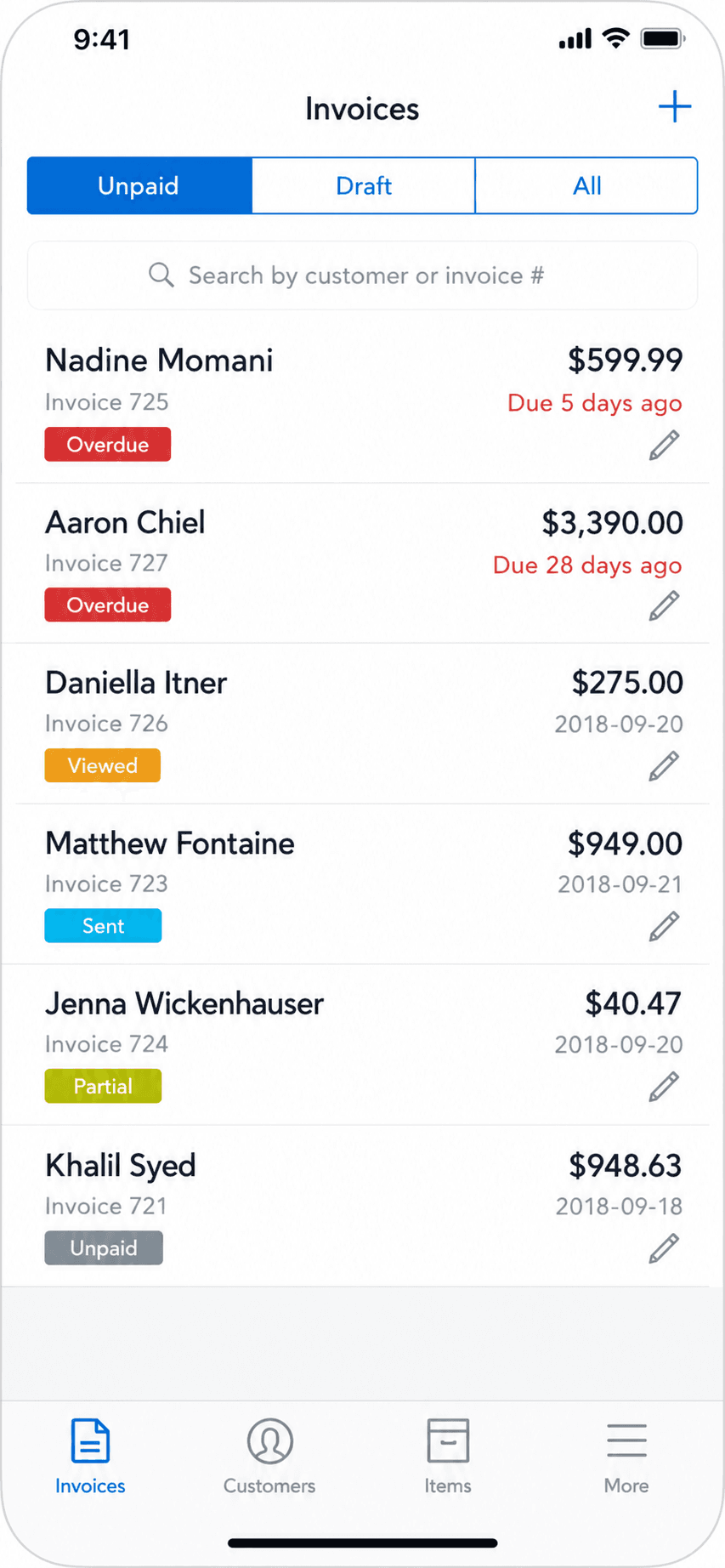 Wave mobile app invoice list and history