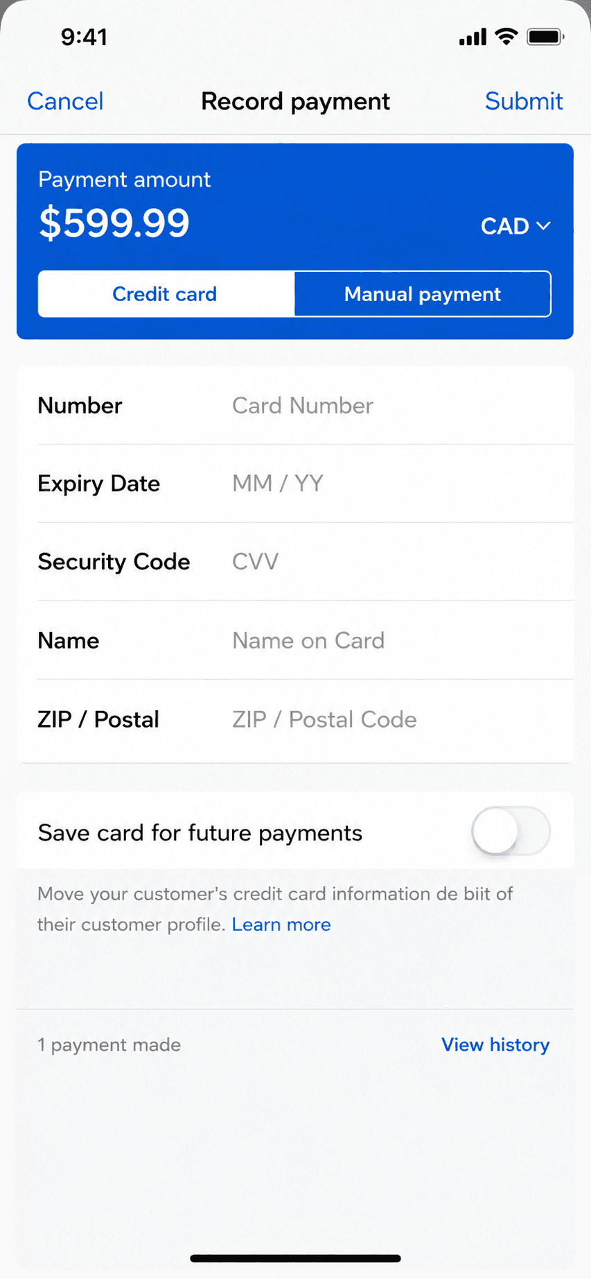 Wave mobile app payment recording screen