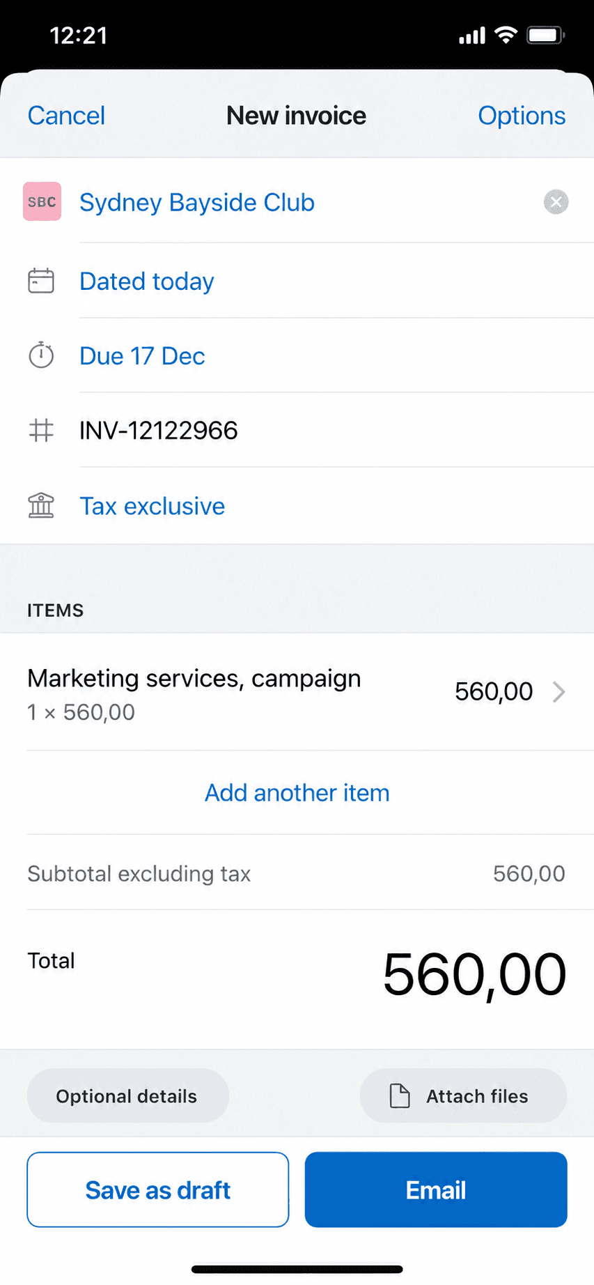 Xero mobile app invoice creation screen