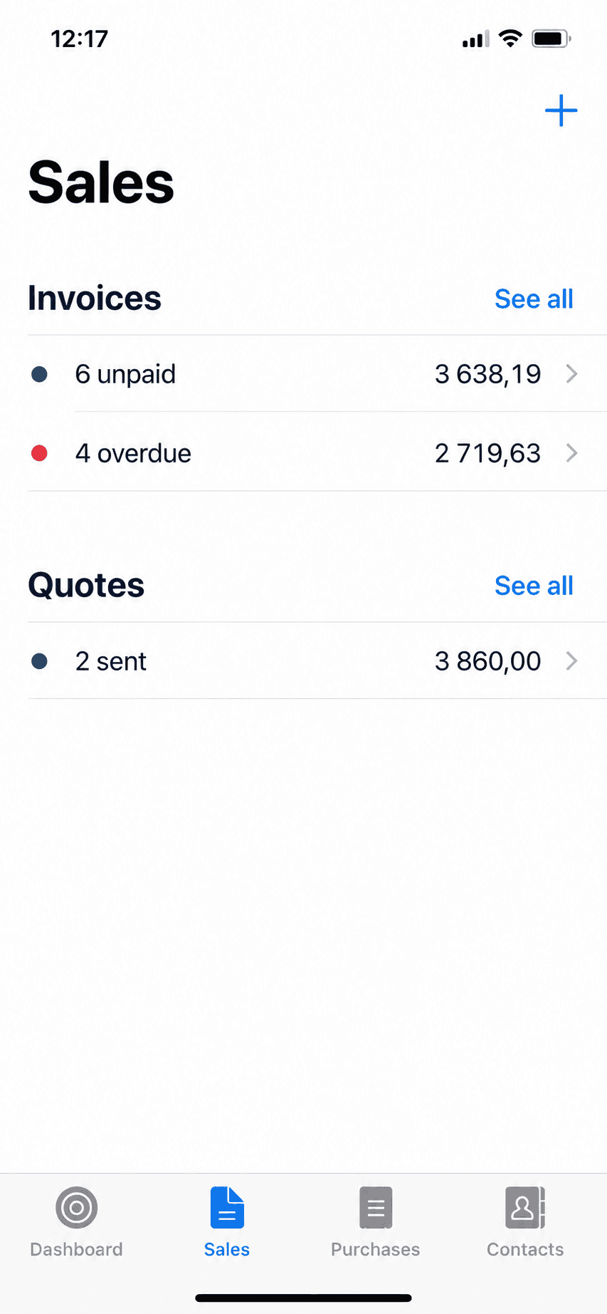 Xero mobile app sales history list