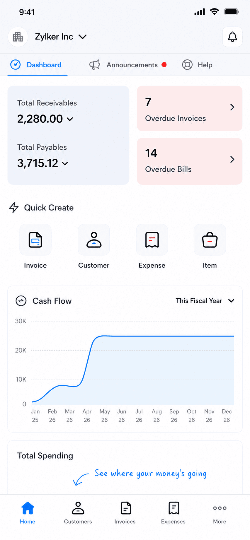 Zoho Books mobile app home dashboard