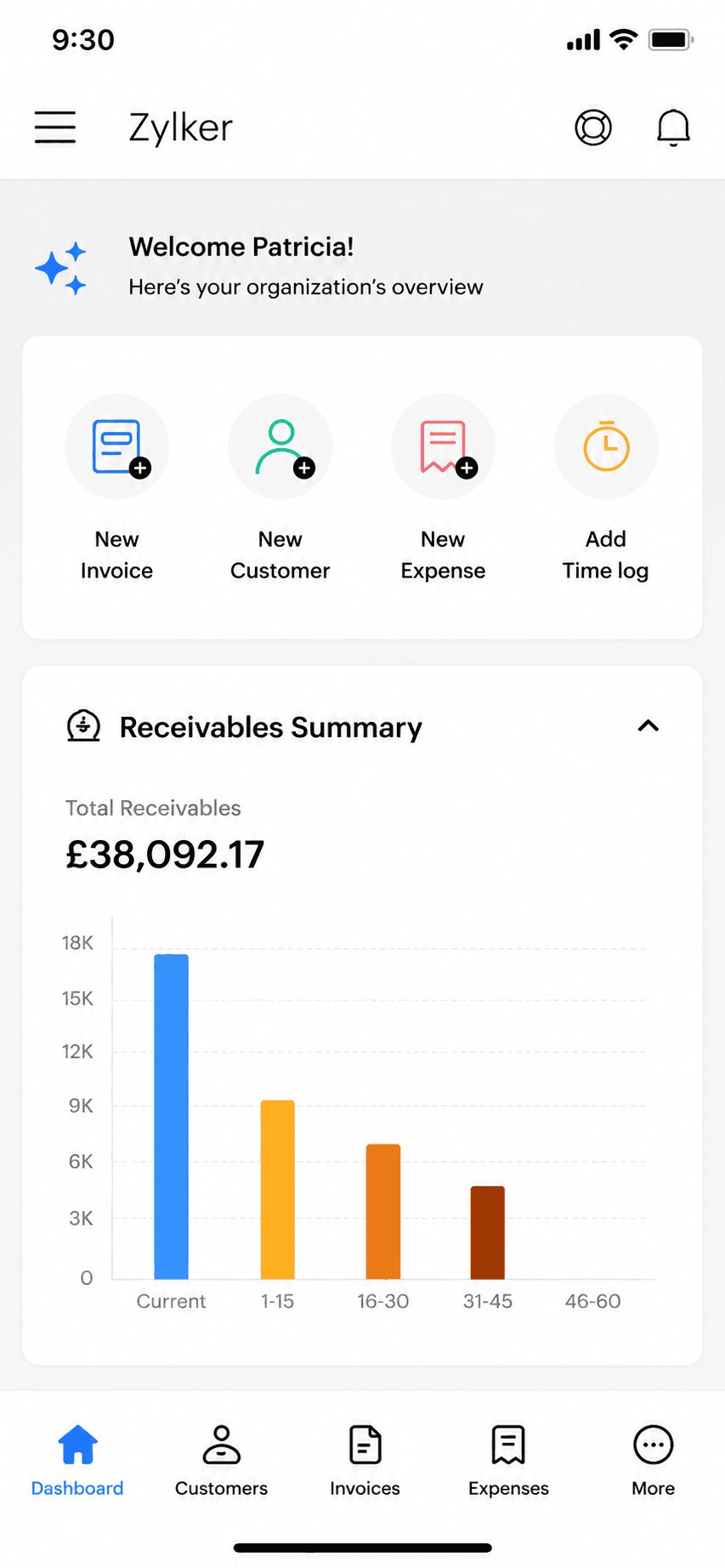 Zoho Invoice mobile app home dashboard