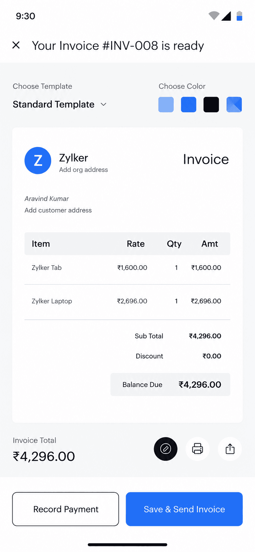 Zoho Invoice mobile app invoice detail view