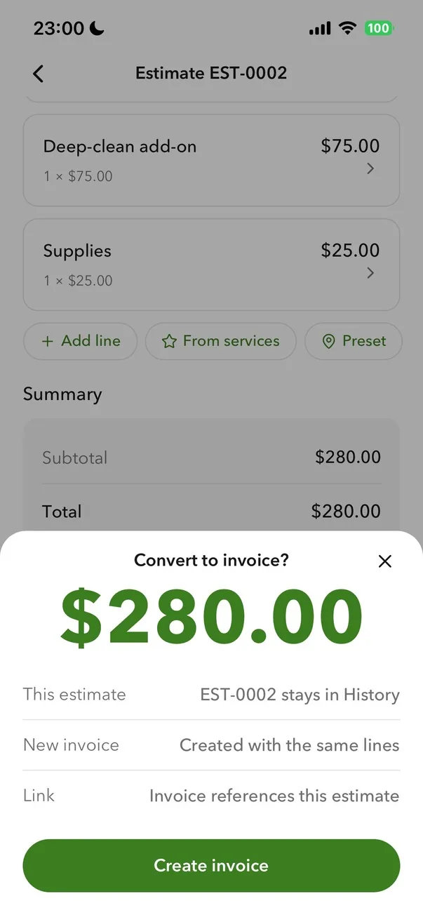 Billgami estimate screen with line items and convert-to-invoice