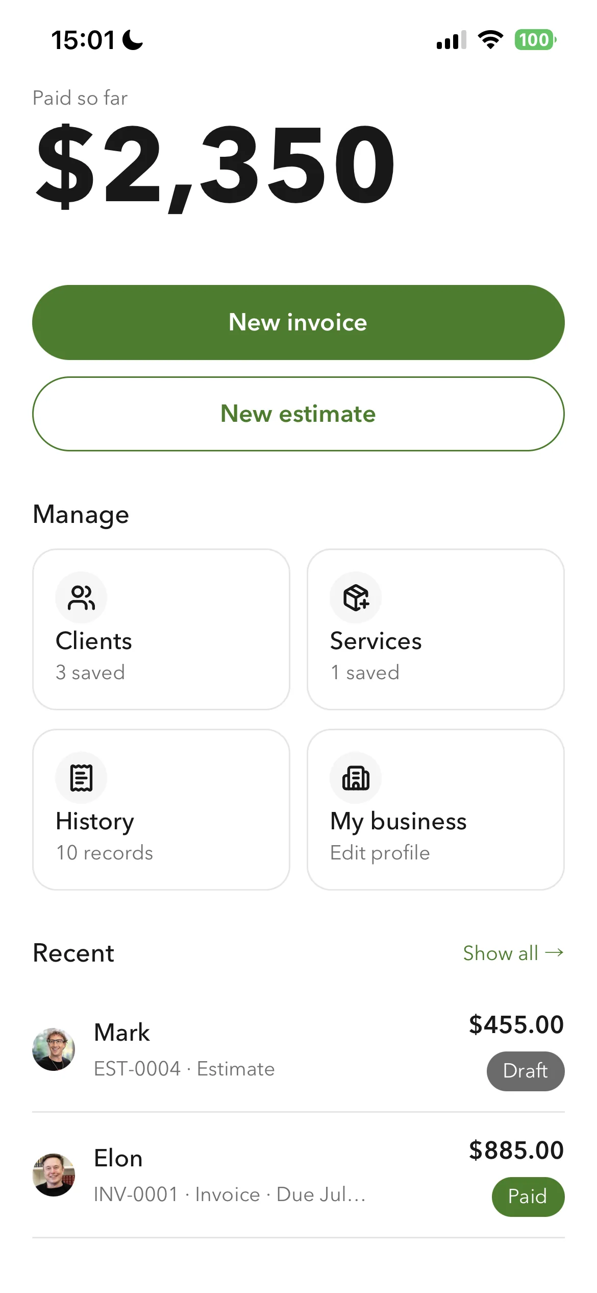Billgami invoice manager showing paid-so-far total, clients, services, and history