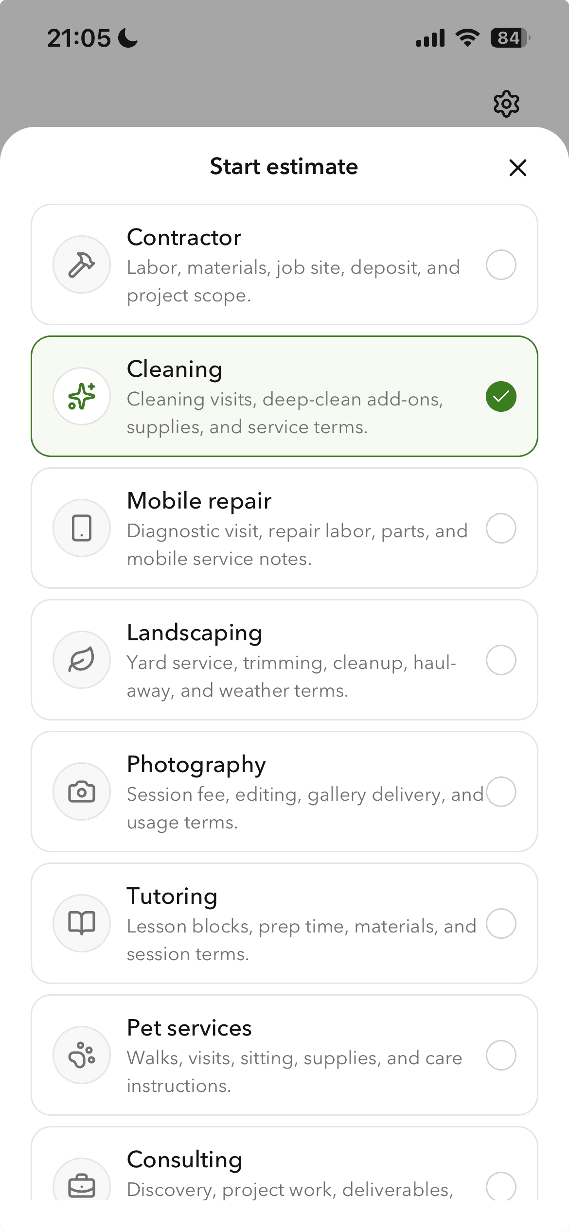 Billgami prebuilt trade templates: contractor estimate, cleaning invoice, handyman quote, mobile detail receipt