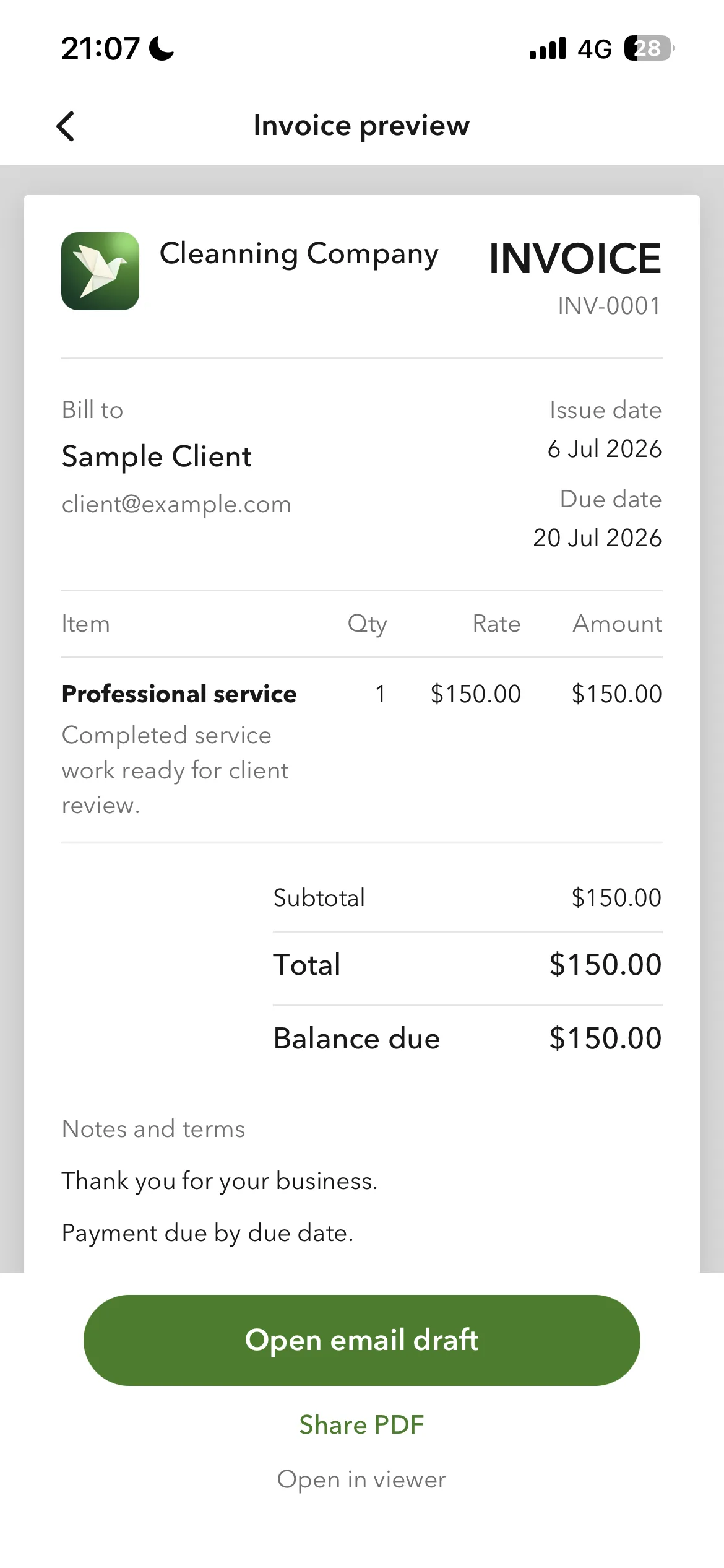 Billgami PDF invoice preview screen on iPhone