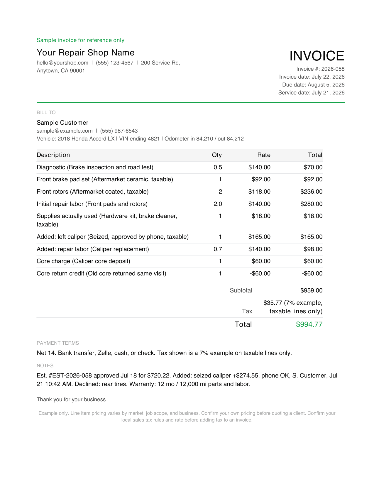 Preview of page 1 of the automotive repair invoice template with a filled brake repair sample, estimate reference, and approved change note