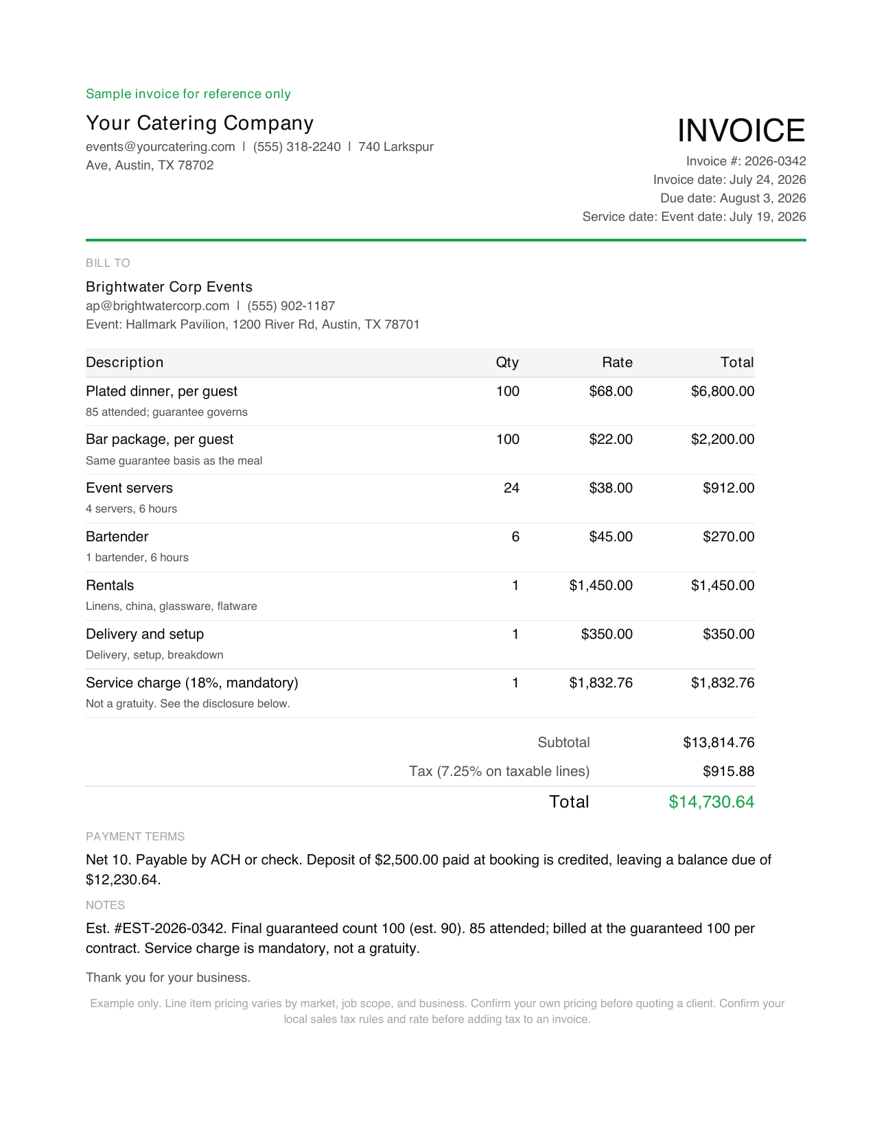 Preview of the catering invoice template with a filled plated-dinner event sample billed at the guaranteed guest count