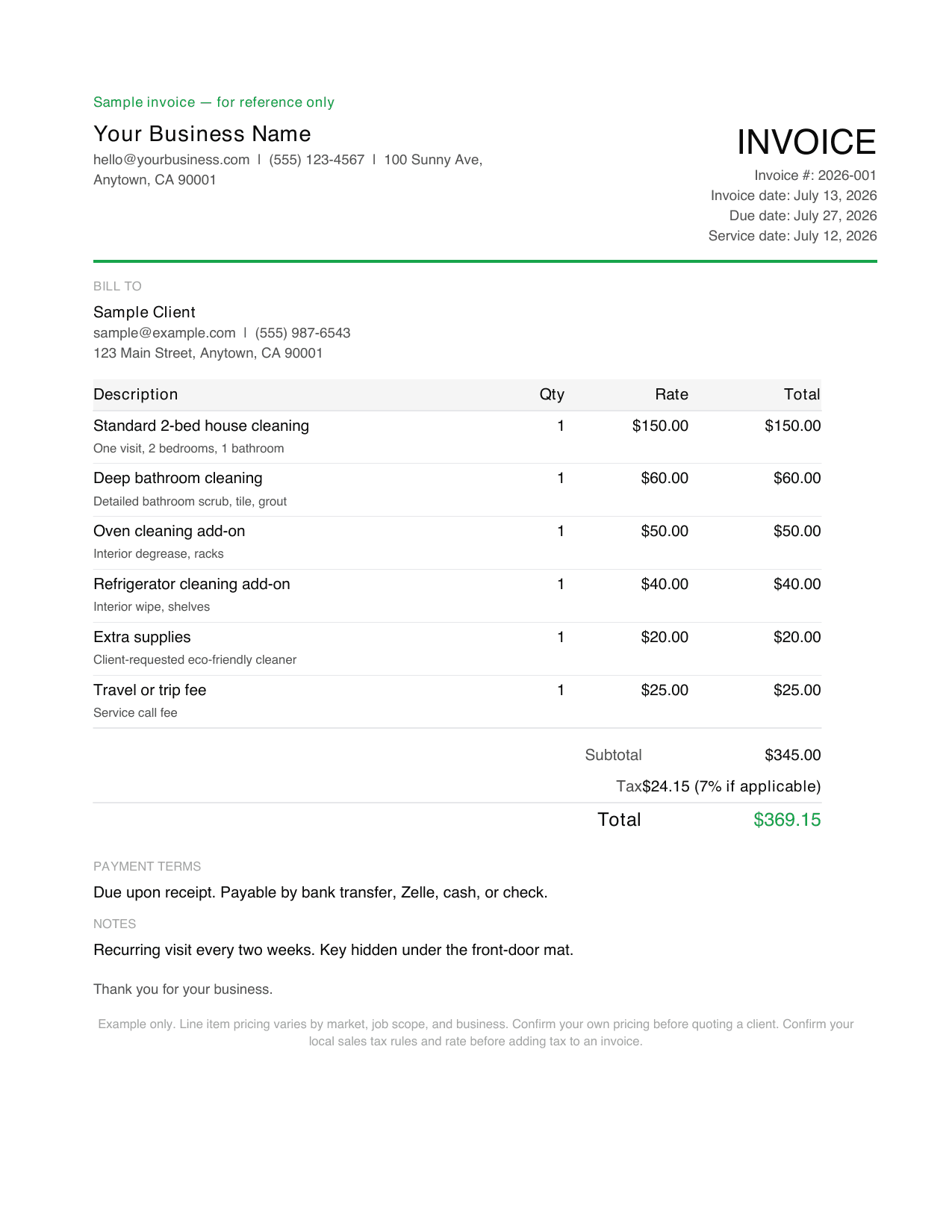Sample invoice template with itemized lines, tax, and total due