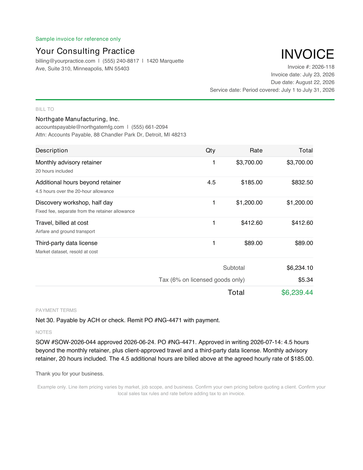 Preview of the consulting invoice template with a filled monthly retainer sample, overage line, and pass-through expenses
