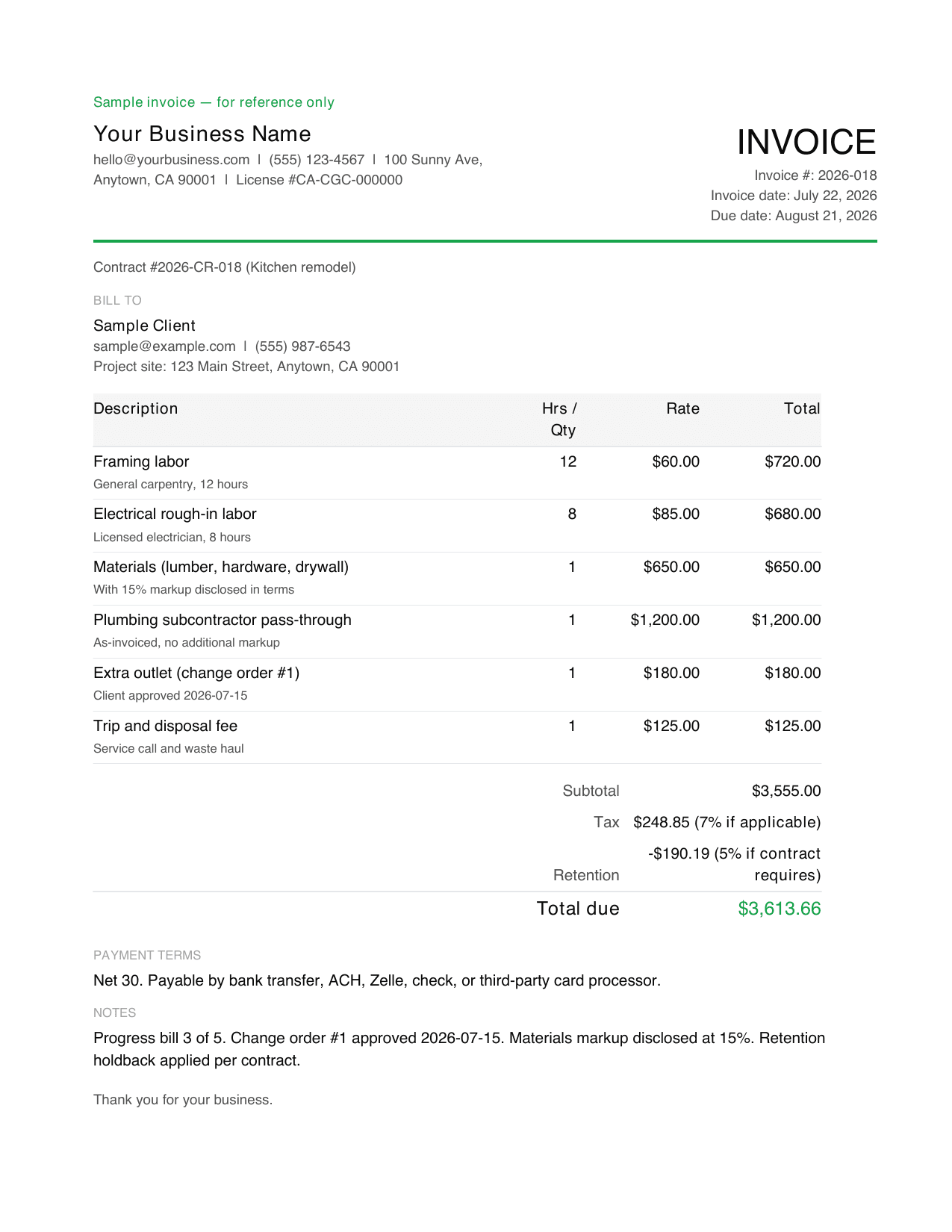 Preview of page 1 of the contractor invoice template with realistic 2026 US labor and materials line items
