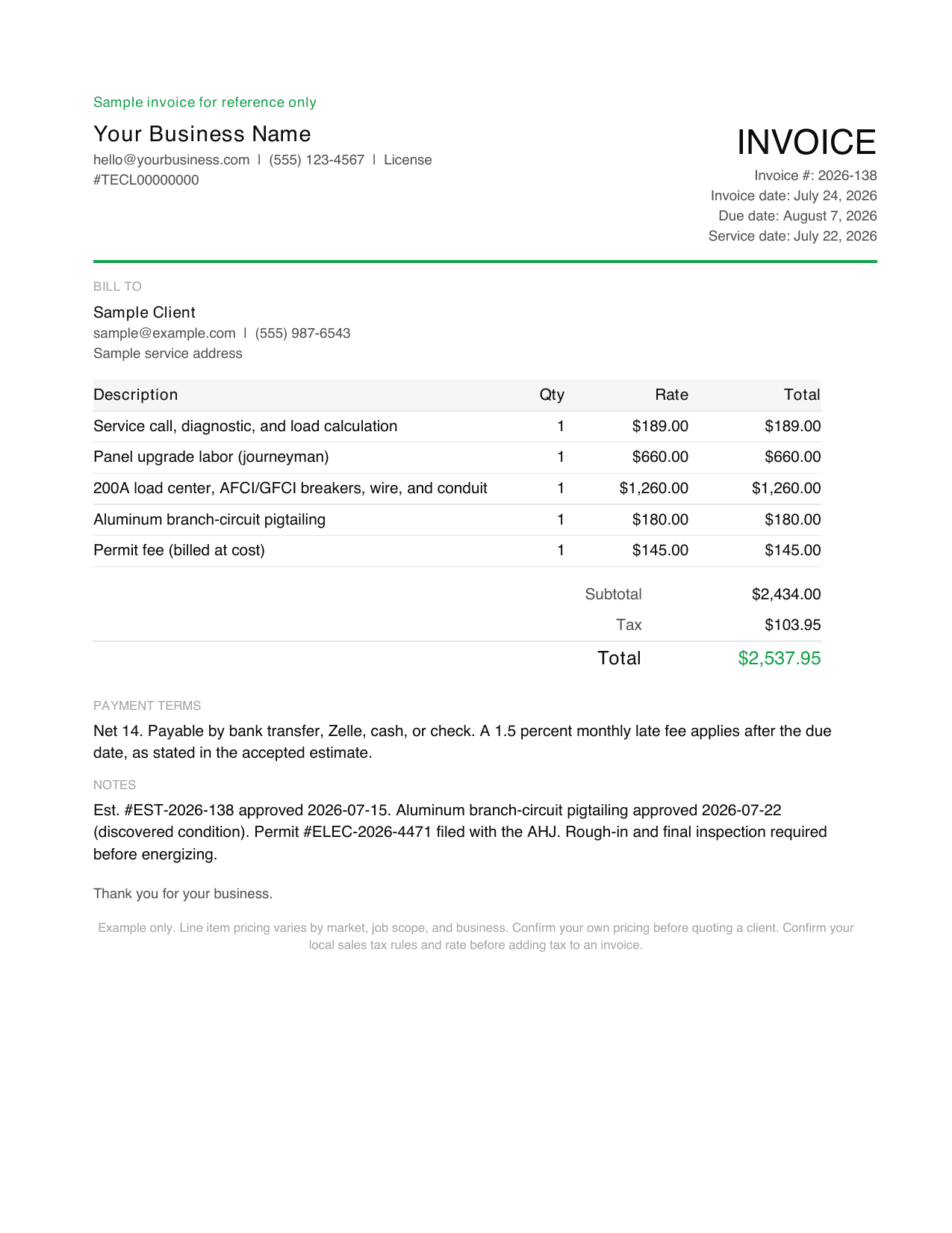 Preview of page 1 of the electrician invoice template with a realistic 2026 US 200A panel upgrade, code-required breakers, and permit line items