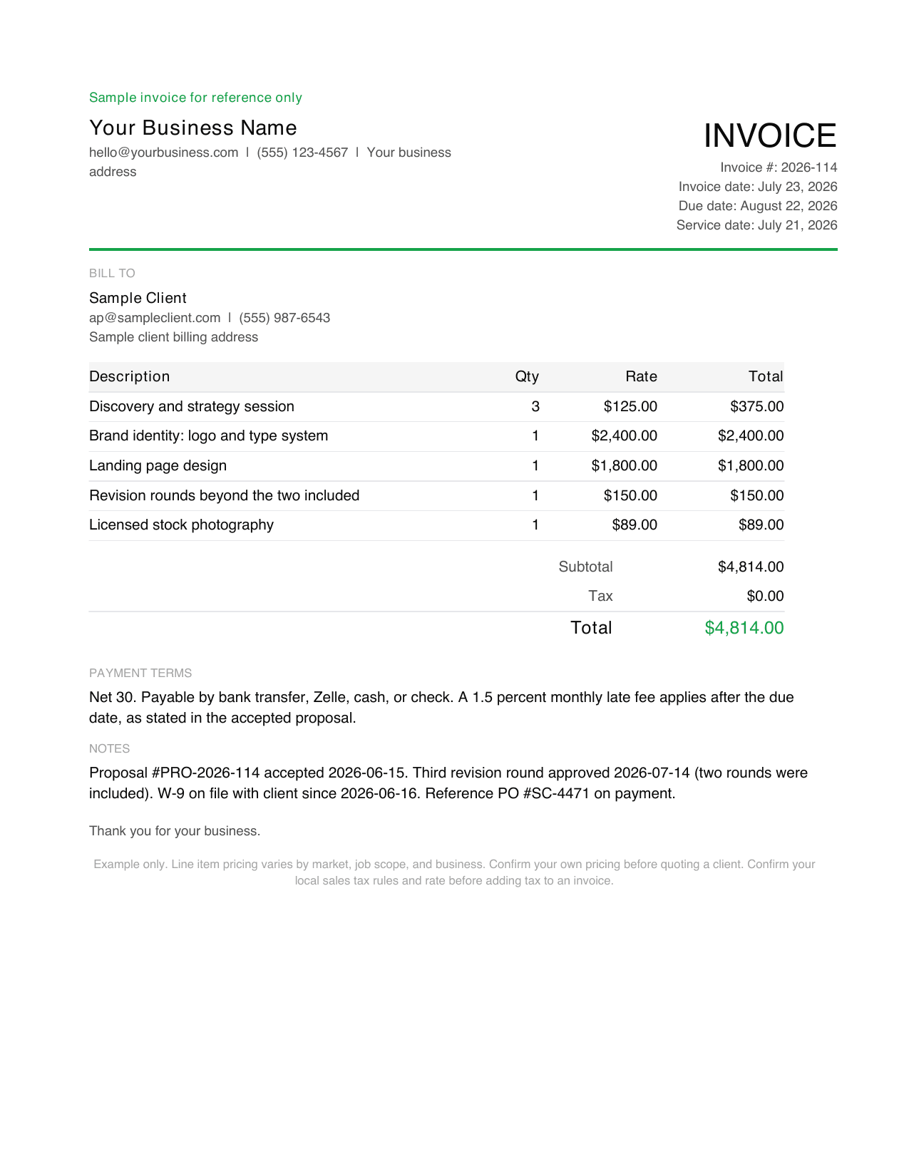 Preview of page 1 of the freelance invoice template with realistic 2026 US project, revision, and reimbursed expense line items