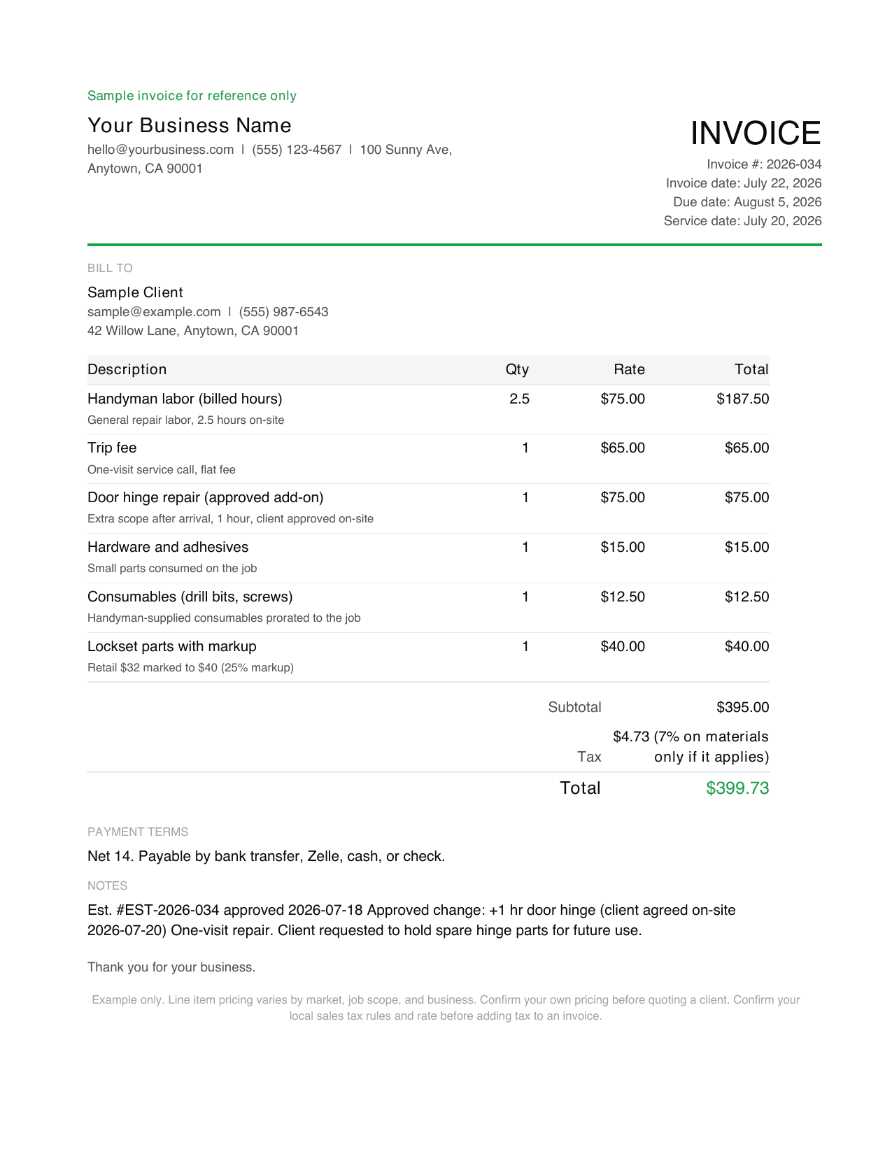 Preview of page 1 of the handyman invoice template with a filled sample invoice, estimate reference, and approved change note