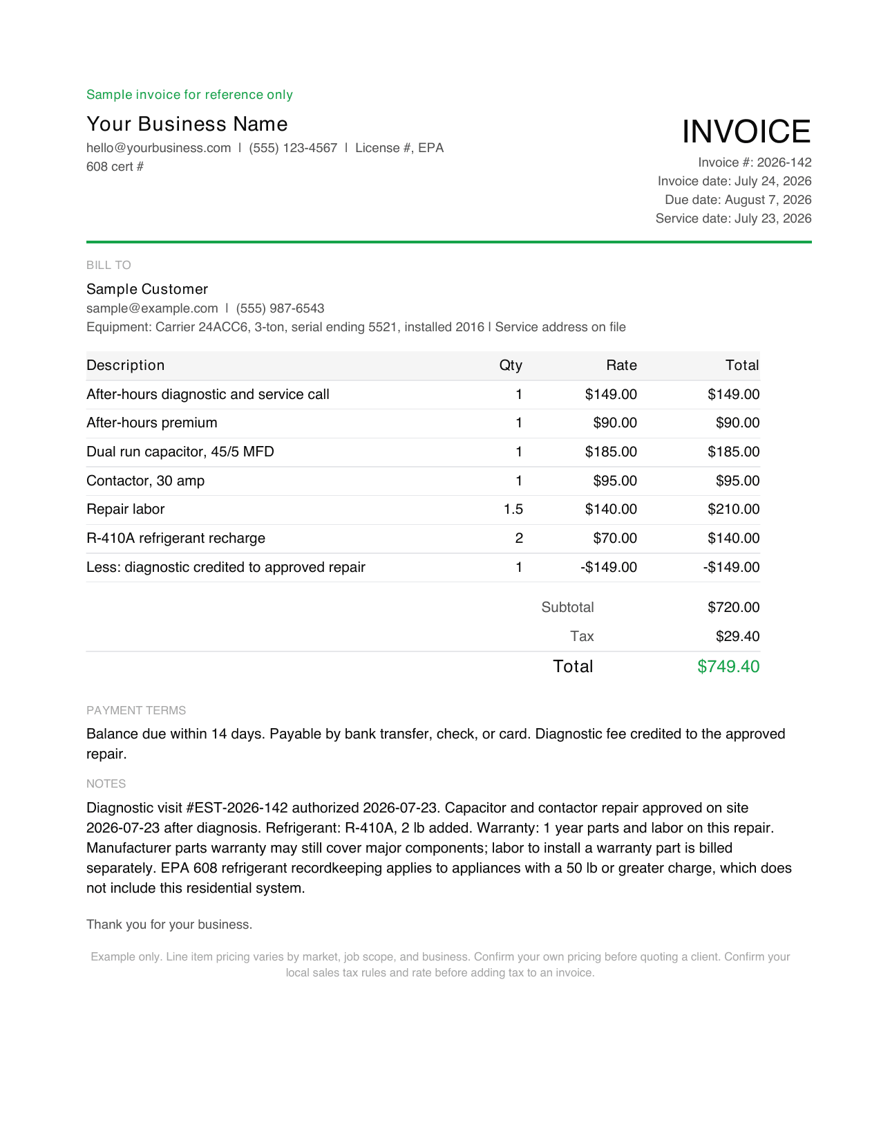 HVAC invoice template PDF example, a filled sample invoice