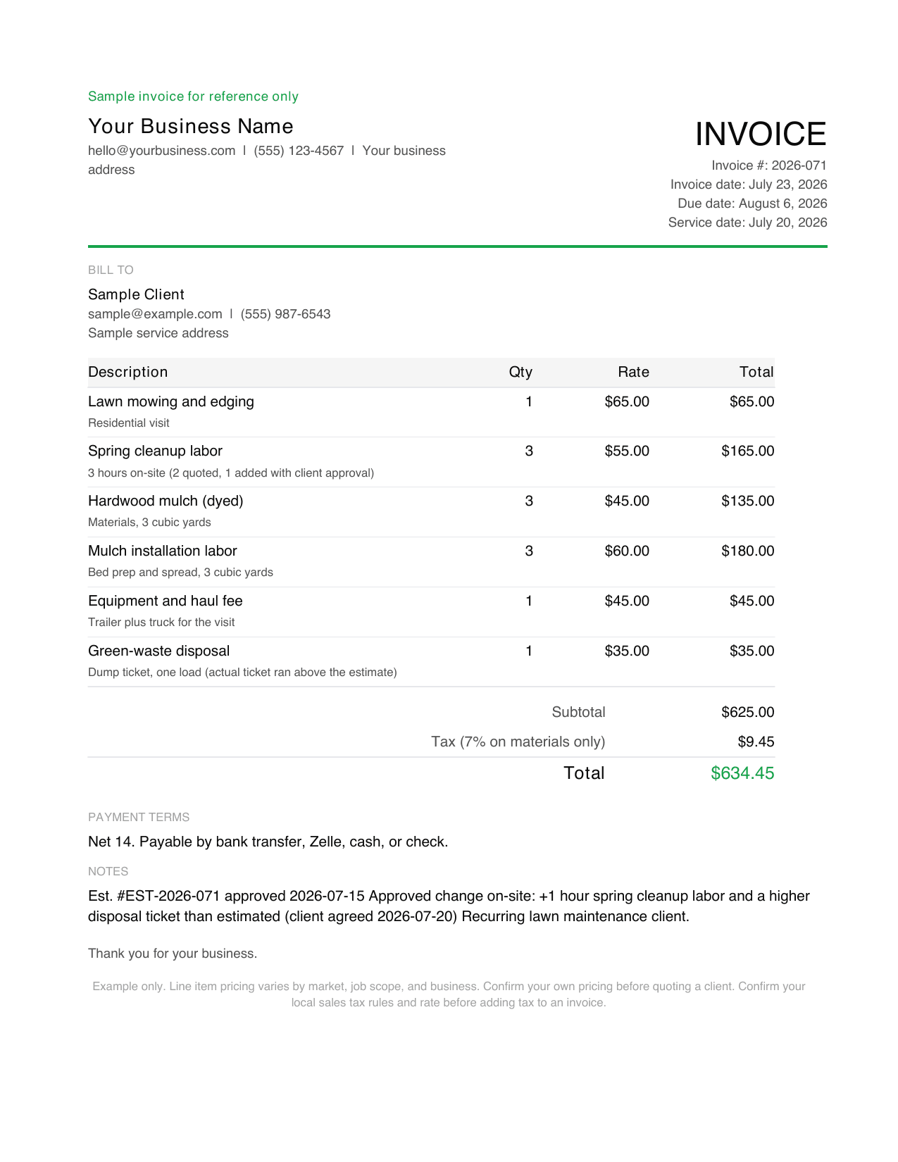 Preview of page 1 of the landscaping invoice template with a filled sample invoice, estimate reference, and approved change note