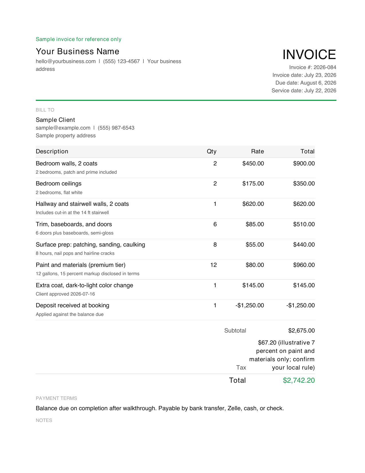 Preview of page 1 of the painter invoice template with realistic 2026 US room, prep, and materials line items