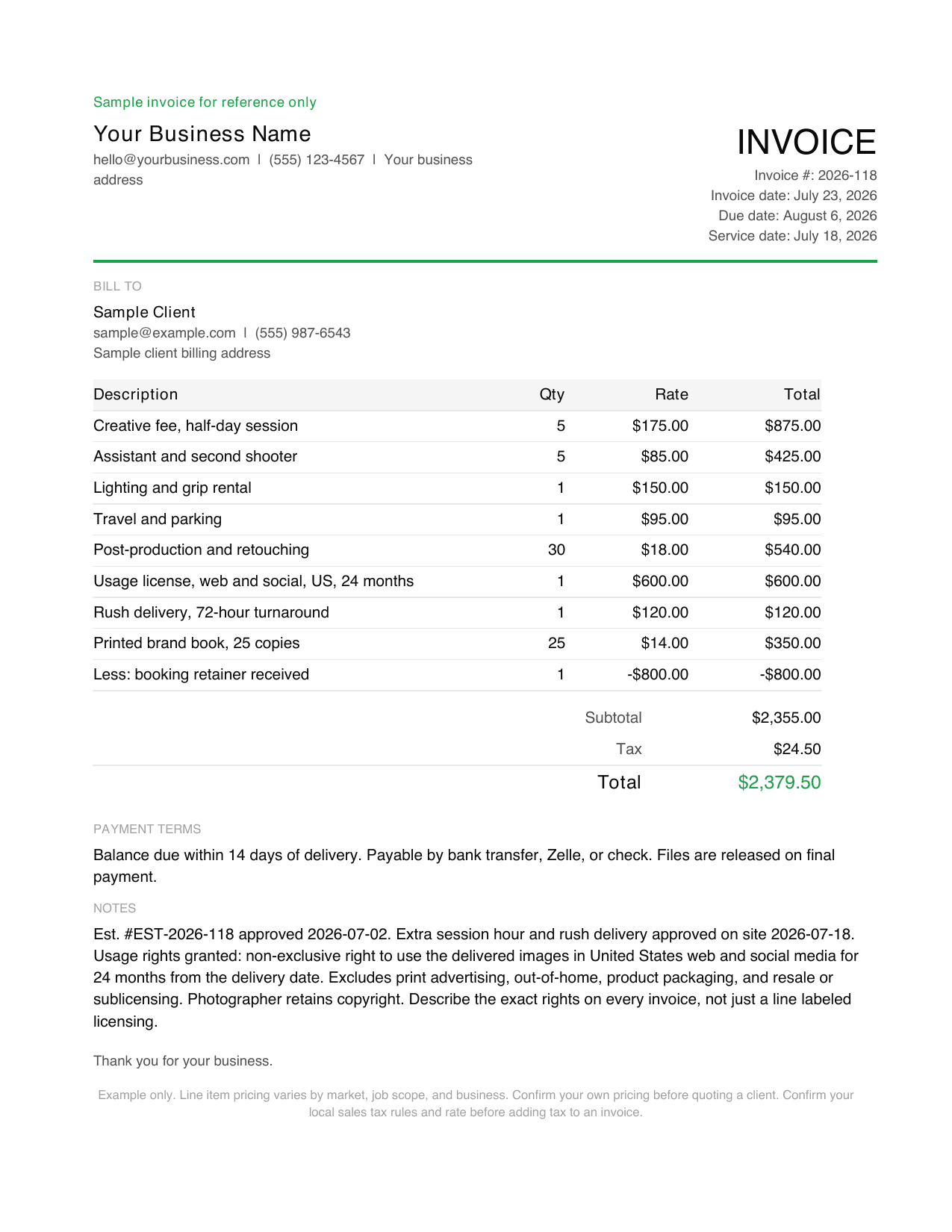 Preview of page 1 of the photography invoice template with a filled commercial shoot sample