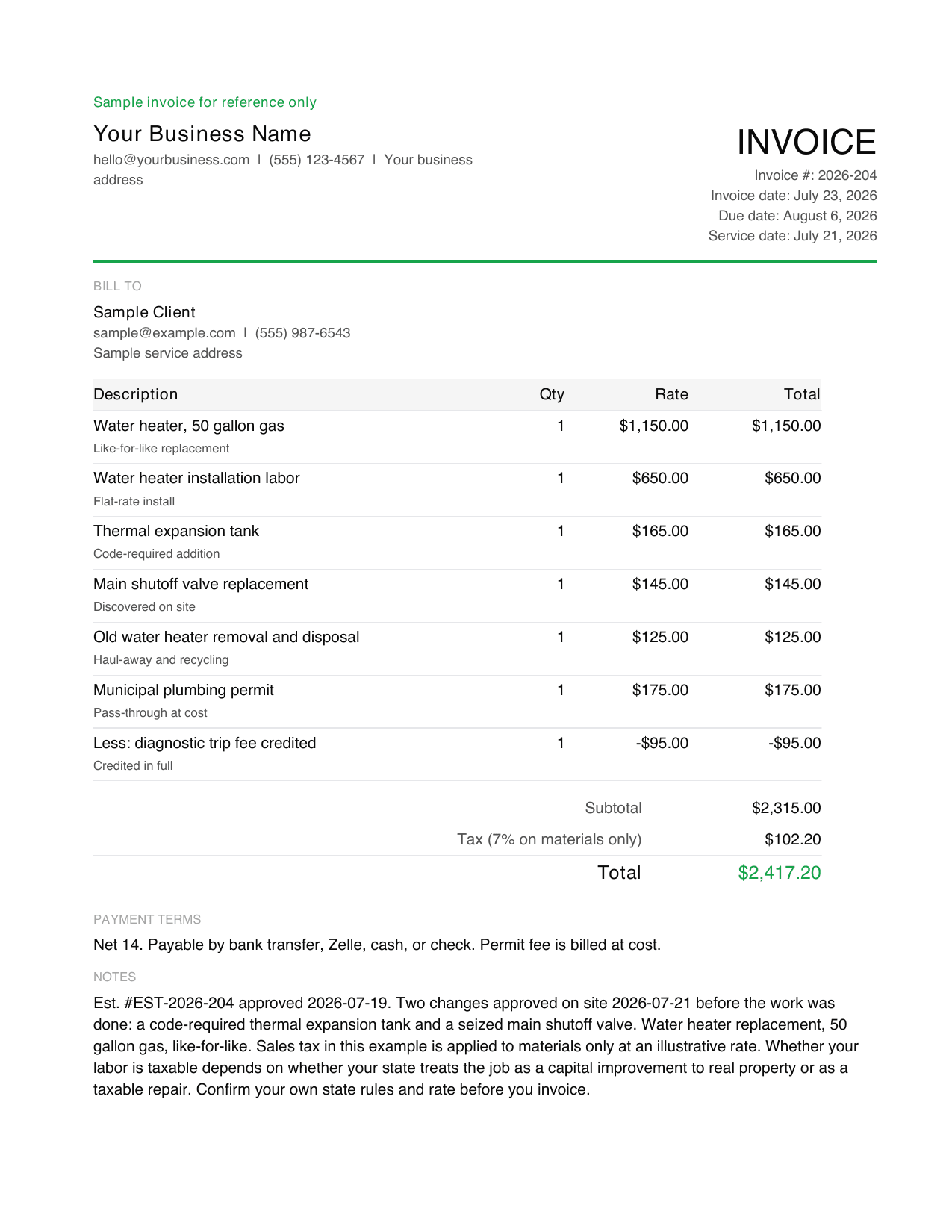 Preview of page 1 of the plumbing invoice template with a filled water heater replacement sample