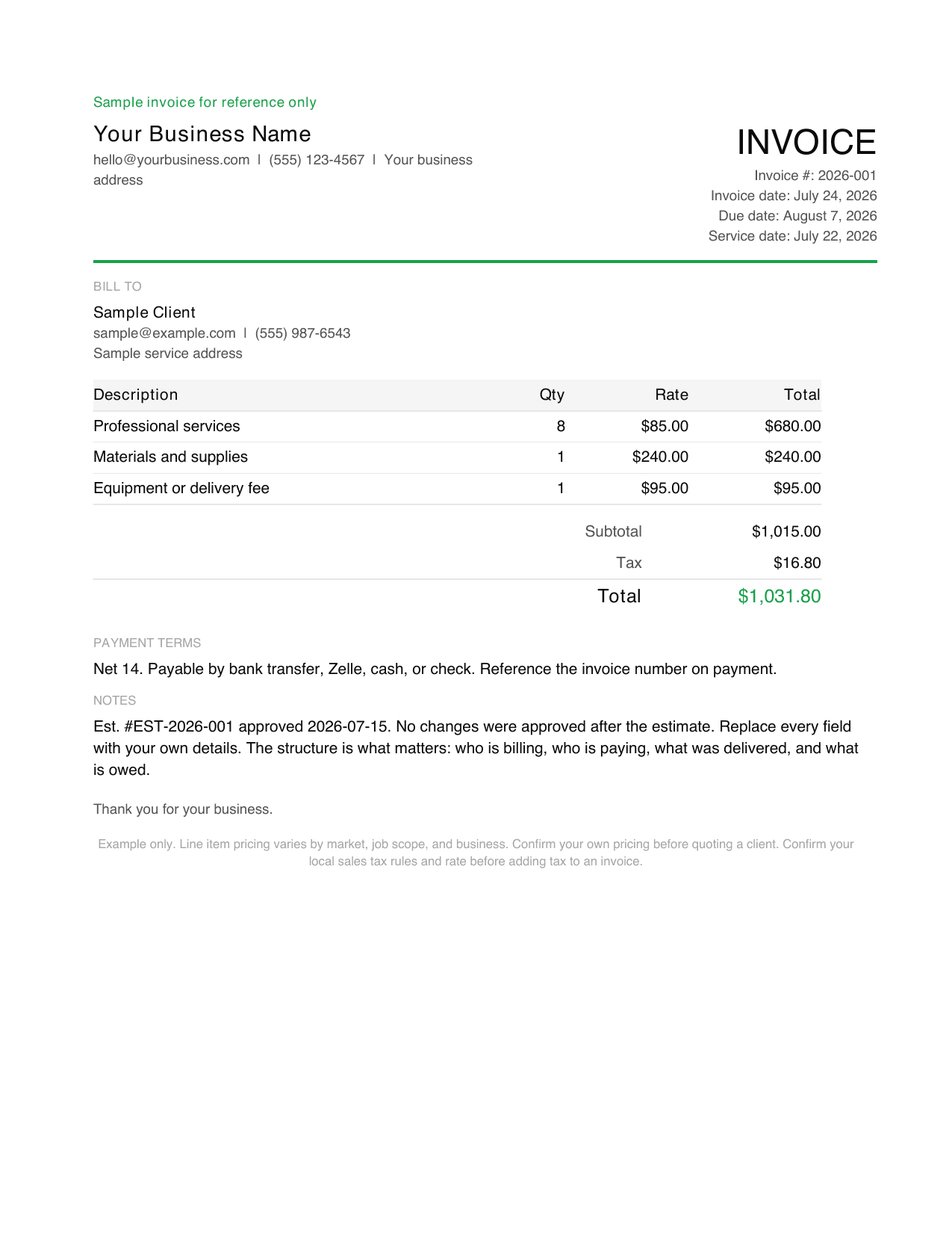Preview of the universal invoice template showing itemized lines, tax on its own line, and the total due