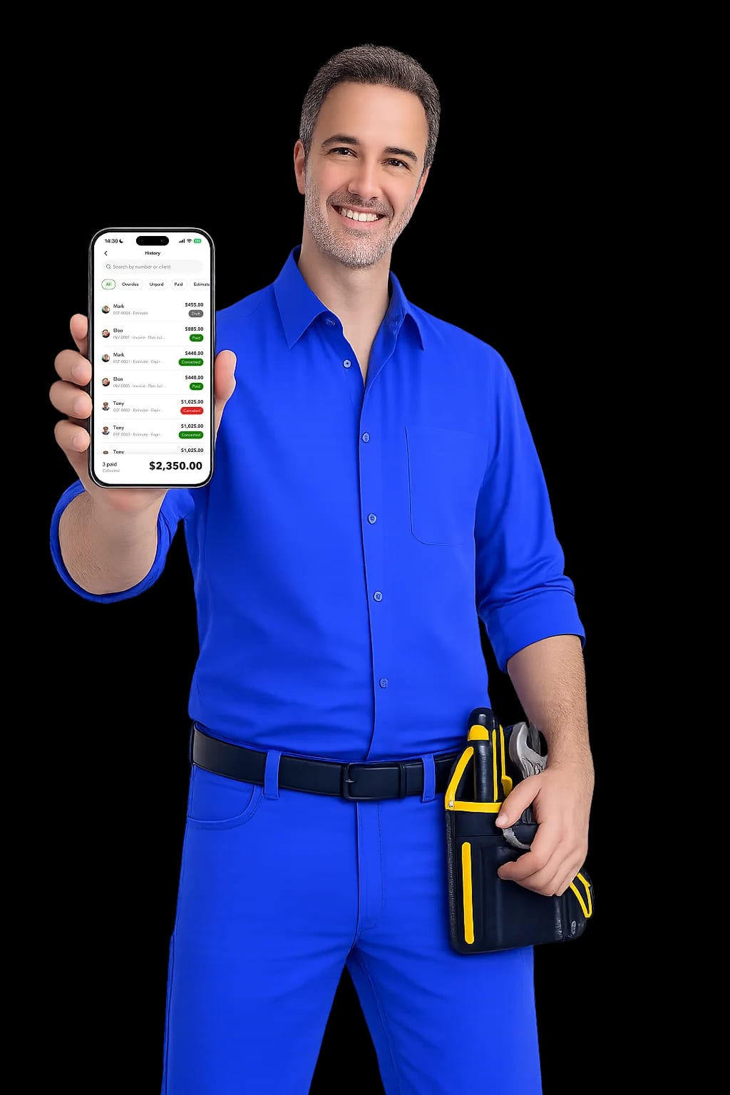 Plumber service pro holding phone with Billgami invoice open